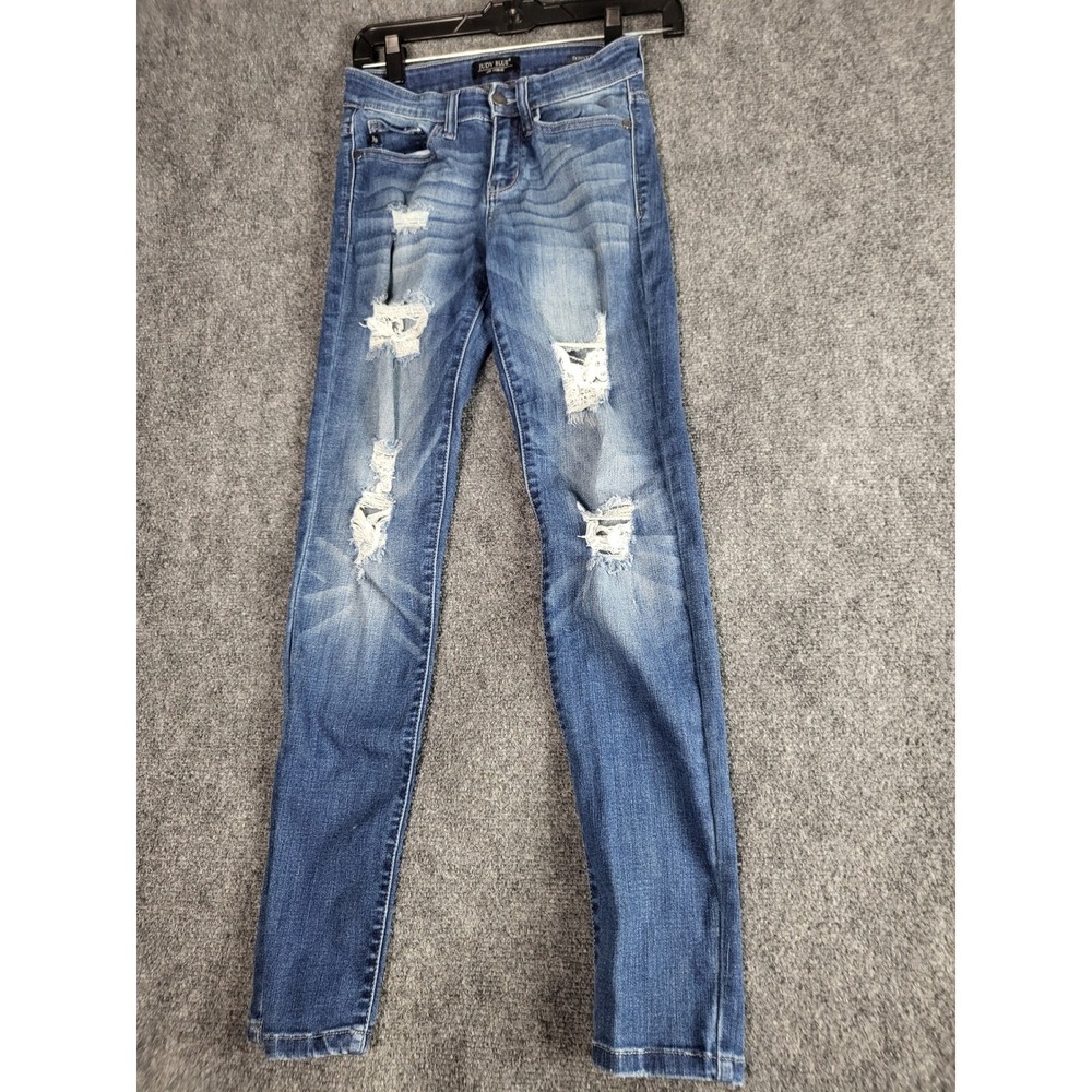 Judy Blue Distressed Skinny Fit Jeans Blue Wash Juniors Women Size 1/25 Designer
